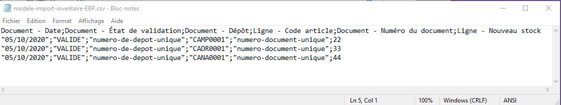 fichier CSV inventaire EBP